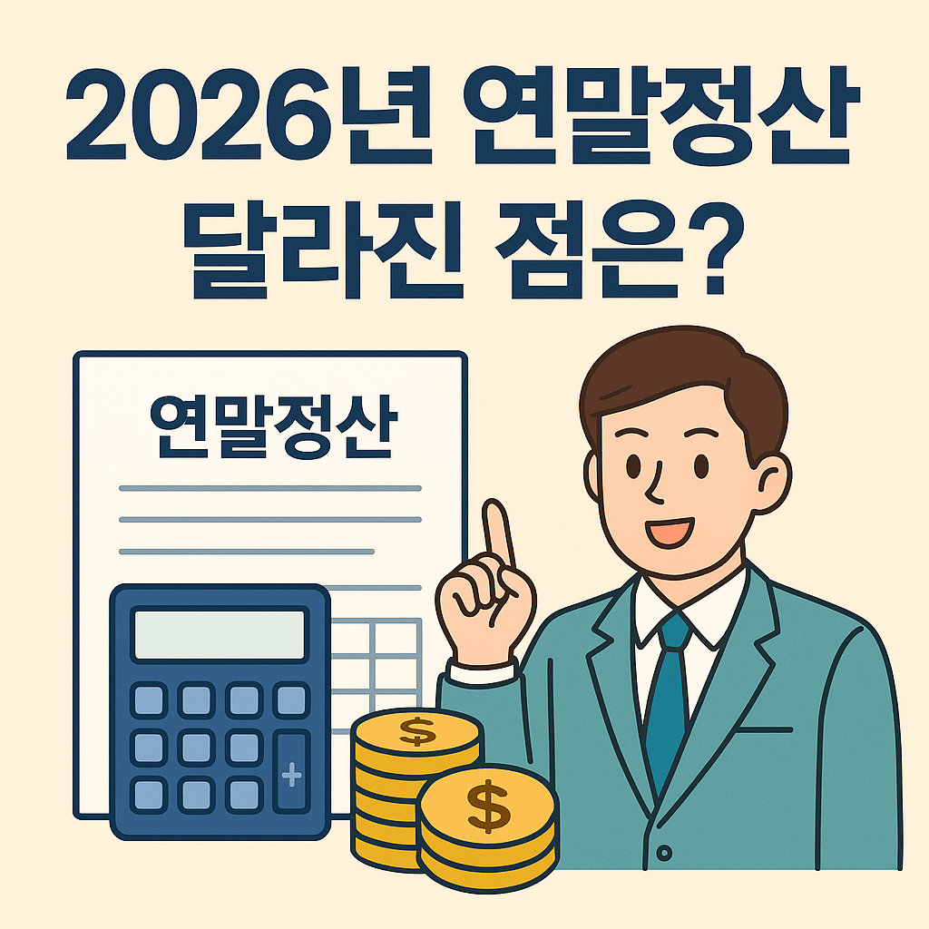 2026년 연말정산 달라진 점 안내 썸네일 이미지. 연말정산 서류, 계산기, 금화 아이콘과 함께 세금 변화를 설명하는 일러스트.
